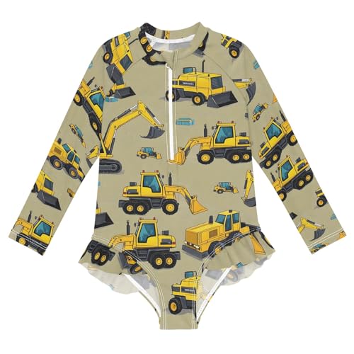 ALAZA Toddler Swimsuit Girl Bathing Suit Swimwear Rash Guard Engineering Vehicle Excavator Long Sleeve 3T