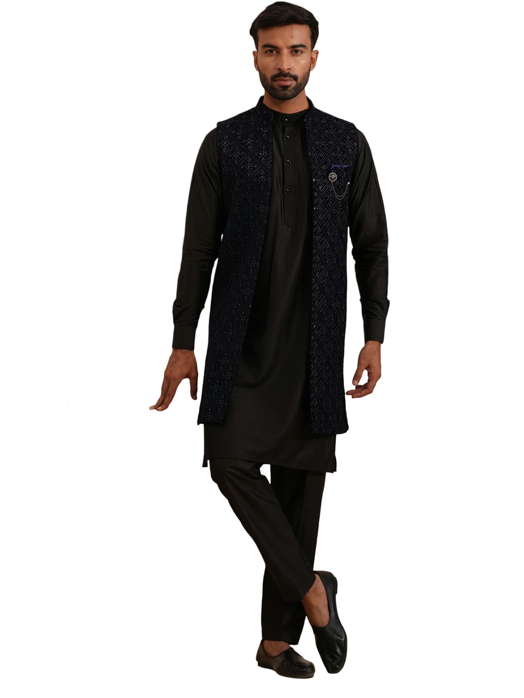 Black Velvet Embroidered Sherwani Set-image-3