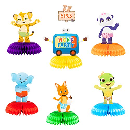 HAOORYX 6Pcs Word Party Honeycomb Centerpieces, 3D Table Decorations Honeycomb Balls for Kids Word Party Theme Birthday Party Supplies Double Sided Cake Topper Photo Booth Props Party Favors