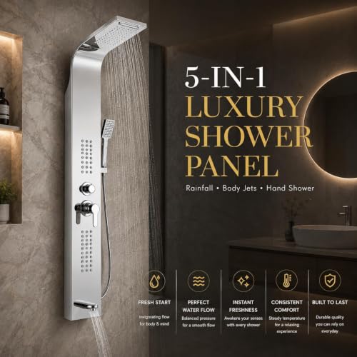 Image of Shower Panel Thermostate Stainless Steel 5 in One, Tower System, Rainfall Shower, Body Massage Spray, 3 Function Hand Shower (Chrome)