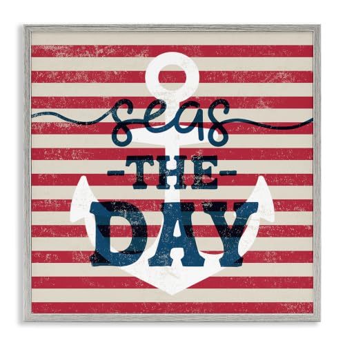 Stupell Industries Seas The Day Americana Anchor & Flag Phrase, Design by Daphne Polselli, Grey Framed, 17 x 17
