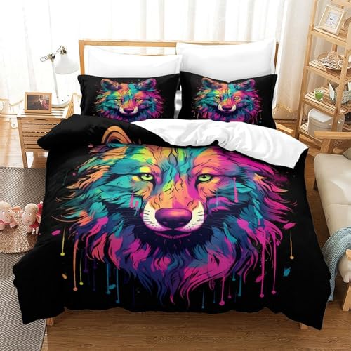Loup housse de couette néon imprimé 3D linge de lit microfibre avec taies - 3
