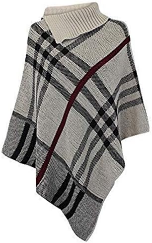 JZ Clothes Women's Checked Knitted Winter Poncho Red Band Wrap Shawl Cape (One Size 8-14, Stone-1)