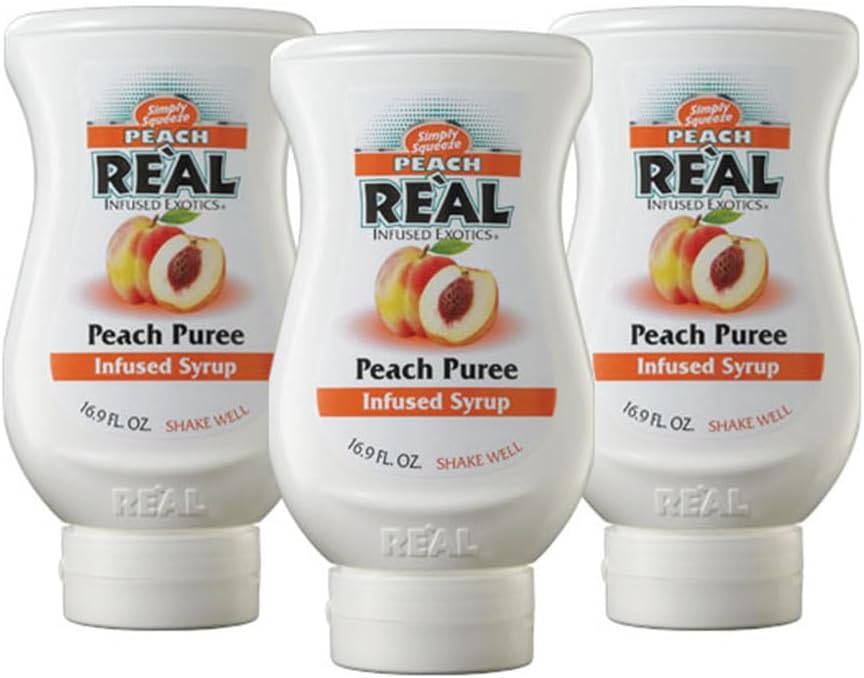 Peach Reร l Infused Exotics, Peach Puree Infused Syrup, 16.9 FL OZ Squeezable Bottle (Pack of 3)