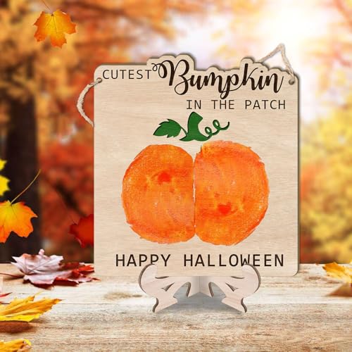 Image of Cutest Little Bumpkin in the Patch, Baby's First Halloween Keepsake Craft - My First Halloween DIY Baby Bum Pumpkin Art Kit, 7.5x8in Wood Sign with Paint, Stand & Hanging Rope - Fall Baby Gift, Decor