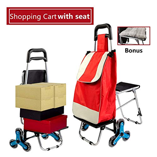 Besthls Shopping Cart with Seat,Stair Climbing Multipurpose Folding Shopping Grocery Cart Utility Cart,Red