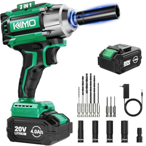 Image of KIMO Impact Wrench 1 /2 Cordless, Impact Gun for Car Tire, 20V Impact Driver | 550N.m (410ft-lbs), 4000RPM /3500IPM , 4 Sockets, 9-Piece Drill& Driver Set, Safety Lock, Variable Modes, 4000mAh Battery