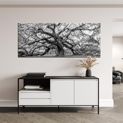 Image of OuElegent Black and White Angel Oak Tree Canvas Wall Art Charleston South Carolina Landscape Picture Artwork Framed Art For Home Living Room Bedroom Decor 20 inchx48 inch (Grey)