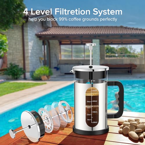 French Press Coffee Maker, 304 Stainless Steel Cold Brew Coffee Maker with 4 Filter, Heat Resistant Borosilicate Glass, Easy to Clean, BPA Free Iced Coffee Maker Rust-Free Coffee Press, 34ounce,Silver