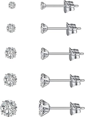 Womens Stainless Steel Cubic Zirconia Stud Earrings Set - 5 Pairs 3-7mm