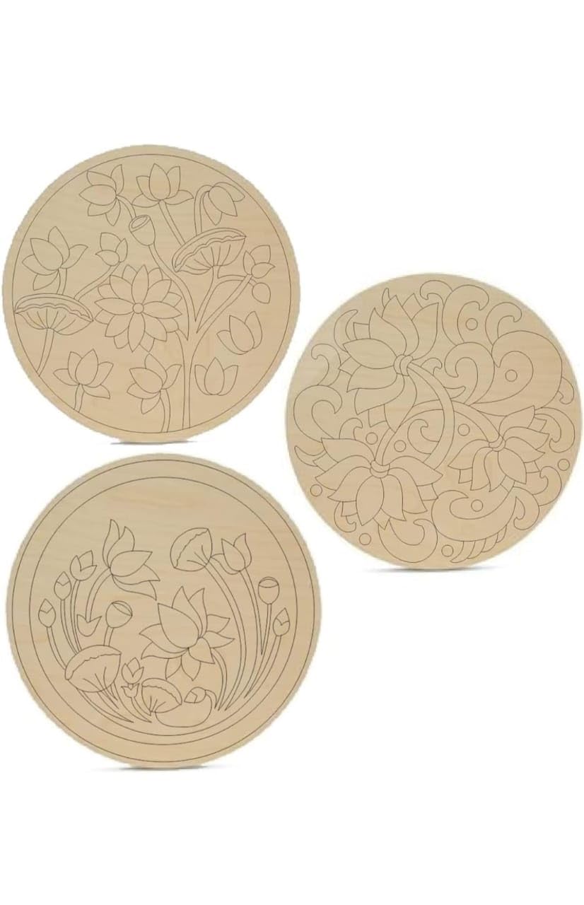 Pre Marked 3 Pcs Floral Design Wooden MDF Boards Laser Cutout for Lippan Art, Art & Craft, Resin Art, Mandala Art, Madhubani Art, Painting Work Home Decor & Festival Decoration 8,6,5 inch-image-28