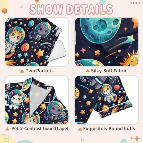 senya Cute Cats in Space Satin Summer Pajama Sets Silk Short Sleeve Button Down Sleepwear3