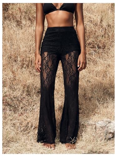 SOLY HUX Women's Plus Size Lace Mesh Pants High Waisted Sheer Flare Leg Party Pants Clubwear4