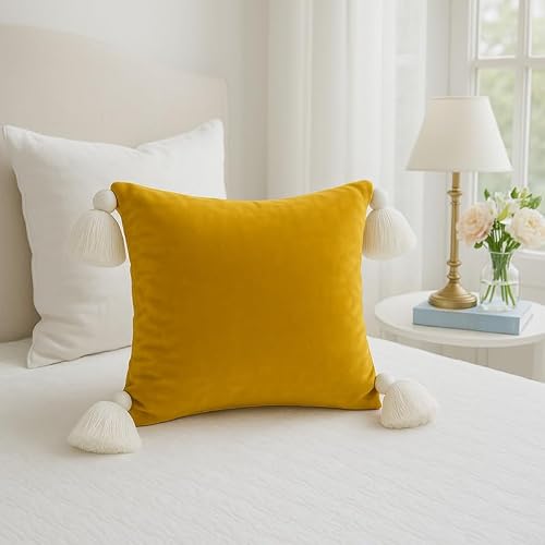 WWW.THROWPILLOW.IN Mustard Cushion Cover, Handcrafted Boho Pillow, Solid Pattern, Premium Decor Fabric, Soft-Texture, Yellow Accent, Tassel Detail, Bohemian Design Square Sofa Cushion 14x14 Inches