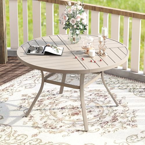 Image of VICLLAX Round Patio Table with Adjustable Umbrella Hole for 4, All Weather Metal Outdoor Dining Table for Lawn Garden, 40.6 inch Outdoor Coffee Table, Cream Color Frame