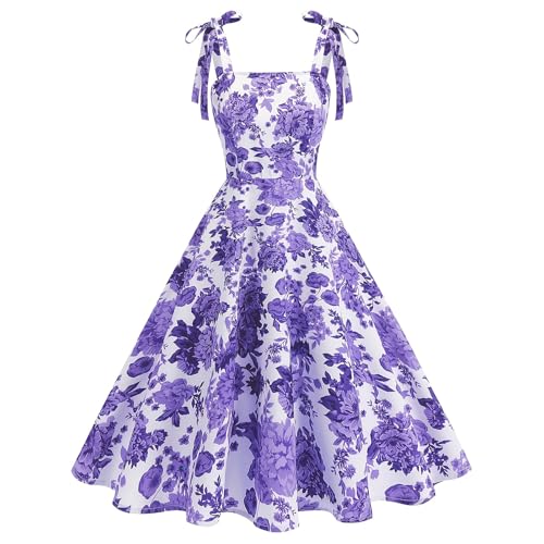 Odizli Rockabilly Kleider Damen Elegant Vintage 50er Jahre Petticoat Kleid Sommer Spaghettiträger Blumen A Linie Swing Knielang Sommerkleid...