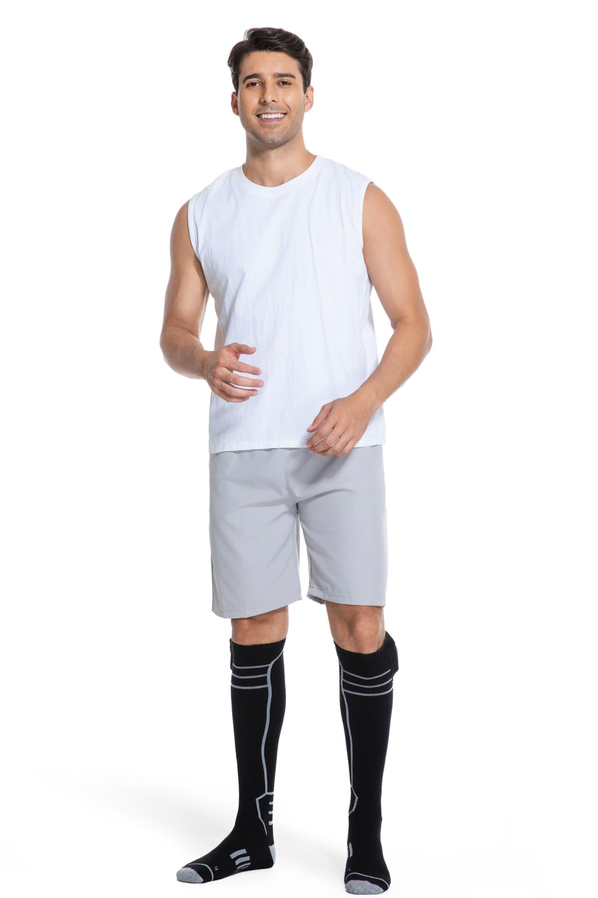 FREEHILL Merinowolle beheizte Socken für Männer Frauen, One-Click Control wiederaufladbare kaltes Wetter Knie-hohe Socken (Schwarz, L)