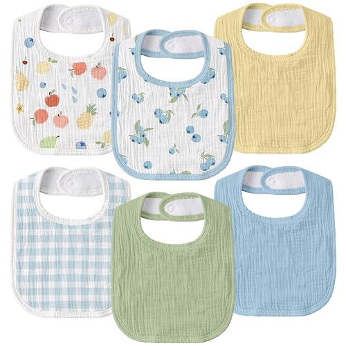 Image of Muslin Bibs for Baby Boy Girl, Adjustable Fit for Drooling and Teething | 6Pk, 100% Soft Cotton Surface & Multi-Layer Absorbent Core, Shrink-resistant & Fade-Proof, Gentle on Sensitive Newborn skin