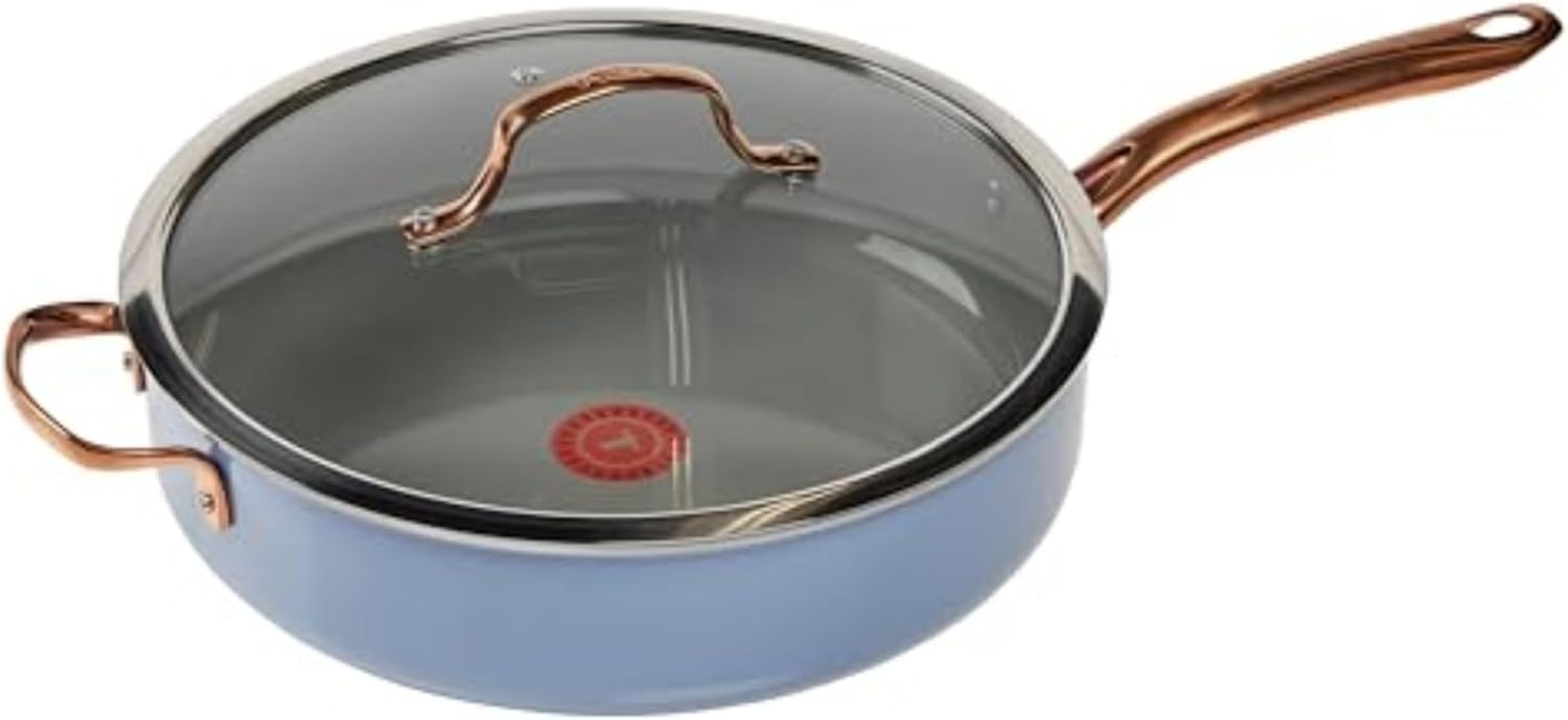 T-Fal Preserve Ceramic, Ceramic Non Stick Jumbo Cooker w/Lid & Handle, 5 Quart, Oven Broiler Safe 350F, Easy Food Release, Saute Pan, Deep Frying Pan, Kitchen, Cookware, Pots and Pans, Blue Blue 5.5 Qt Saute Pan