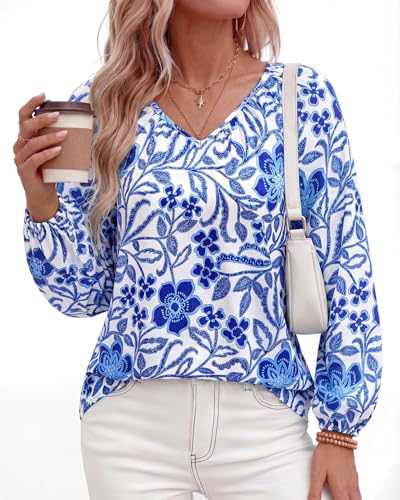 Zenlonr Women's Summer Tops Dressy Casual 2026 V Neck Satin Silk Printed Shirts Boho Long Sleeve Work Blouses(Floral Blue,Medium) — view 4