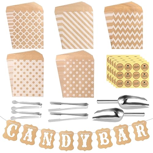 FIHODONE 72 accesorios para barra de caramelos, incluye 60 bolsas de caramelos y 4 pinzas de azúcar, 2 palas de hielo y 60 pegatinas y 1 guirnalda decorativa, juego de accesorios para bodas,