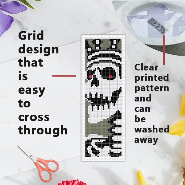 Image of INFUNLY 6PCS Skull Theme Cross Stitch Kit for Beginners 8.5x3 DIY Bookmarks Cross Stitch Kits Black White Horror Embroidery Cross Stitch Kits with Backing Felt Floss Instruction for Book Lovers