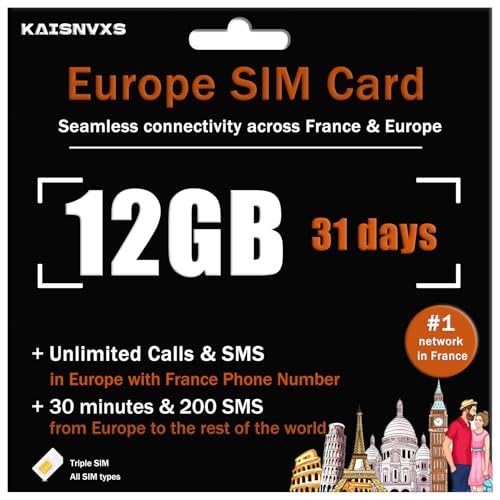 Prepaid SIM Card for Europe Travel with 12GB of 4G Data, Unlimited Calls and SMS in Europe with France Phone Number, 30 mins and 200 SMS from Europe to Worldwide(Lasts for 31 Days),Tethering Allowed