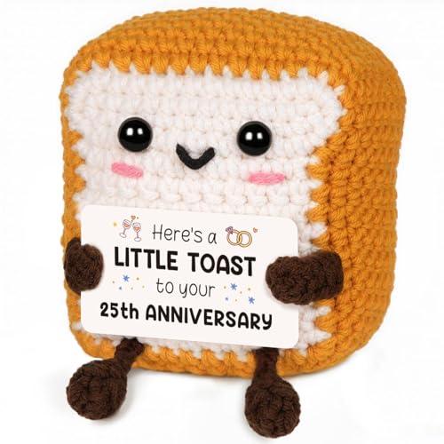 CheriGift 25th Wedding Anniversary Adorable Handmade Crochet Toast 25 Year Anniversary Decoration - Silver Wedding Gifts for Couple Him Her Husband Wife