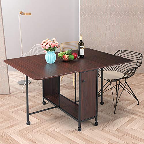 29.13”H Movable Folding Kitchen Dining Table with 6 Wheels ,with Cabinet Beneath for Storage, Door, Durable and Sturdy, Brown and Black