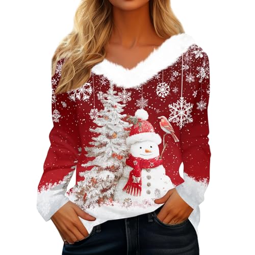 MOKBAY Camiseta de Navidad Feas Talla Grande Manga Larga Camisetas Feas Fiesta Jersey Navidad Familia Disfraz Navideño Mujer Funny Jersey Navideño Gracioso Christmas Sweater Bermellón M