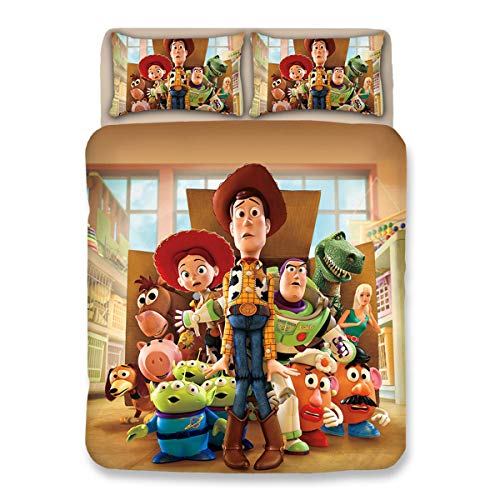 Leezeshaw Juego de funda de edredón infantil de 3 piezas, diseño de Toy Story 3D, Woody Buzz Lightyear Rex con dos fundas de almohada (sin edredón)