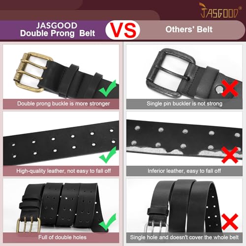 Image of JASGOOD Men Double Prong PU Leather Belt Casual Work Heavy Duty Belt Double Grommet Holes Belt for Jeans