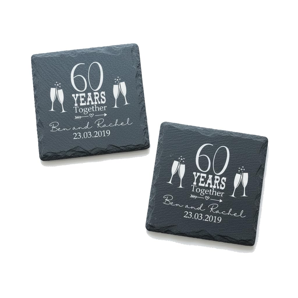 Set Of Two Personalised Wedding Anniversary Slate Coaster Gift 10th 25th 30th 50th 60th