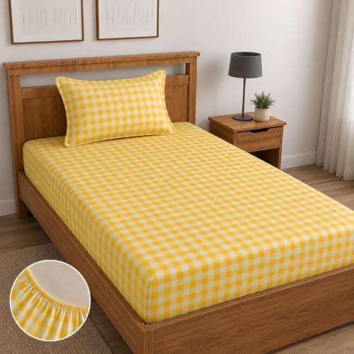 Image of la' amour Single Fitted Bedsheet with 1 Pillow Cover, Soft Breathable Elastic Bed Sheet for Single Bed, Premium Printed Bedsheet with All Around Elastic - 36 x 72 + 6 Inches, Cheks Yellow White