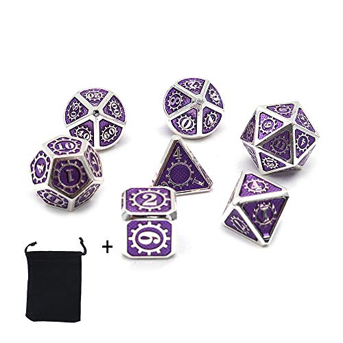 Preisvergleich Produktbild DollaTek 7PCS Polyedrisches Metallwürfelset mit schwarzer Aufbewahrungstasche für Rollenspiele Dungeons and Dragons D & D Math Teaching (Ausrüstung Silber und Lila)