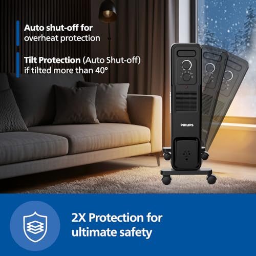 Image of PHILIPS 11 Fin Oil Filled Room Heater (OFR) | M-Shaped fins for faster, uniform heating | Two Knob Controls for temperature & heat modes | Tilt & Auto Shut-Off Safety | PTC Fan Heater for quick warmth
