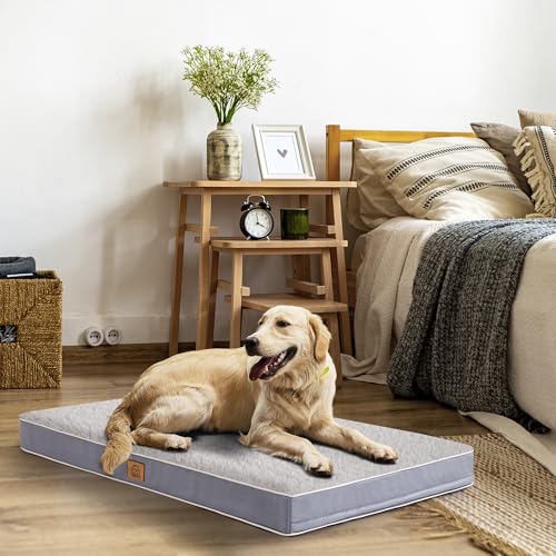 Image of Sunheir Orthopedic Dog Bed for Extra Large Dogs, Jumbo Waterproof Deluxe Plush Dog Crate Bed with Removable Washable Cover & Anti-Slip Bottom, Egg Crate Foam Pet Bed Mat, 47.5 x 29 Inches, Silver Grey
