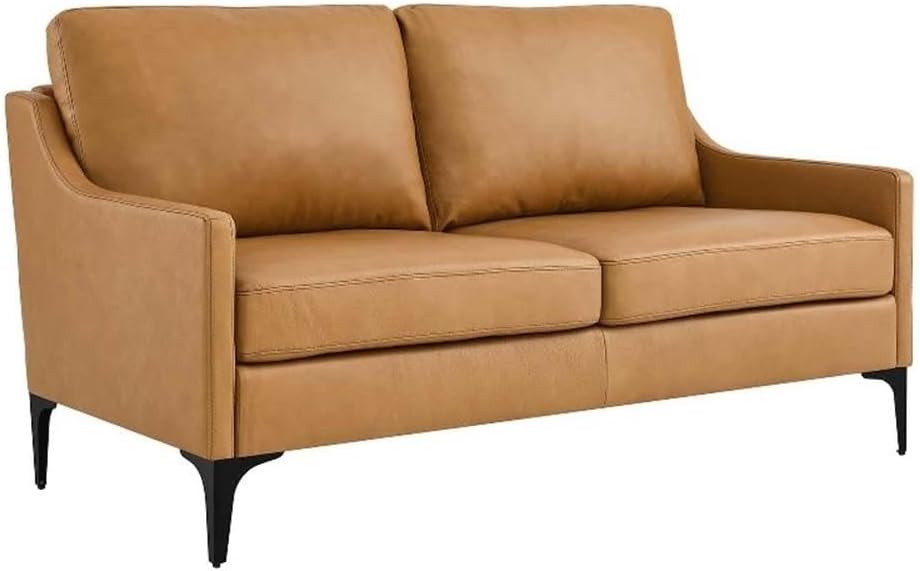 Pemberly Row Modern Leather and Metal Loveseat, Tan Finish, 33.5" H x 32" W x 58.5" D, Top-Grain Leather Upholstery, Foam Cushions, Mid-Century Living Room Sofa, Sturdy Plywood Frame