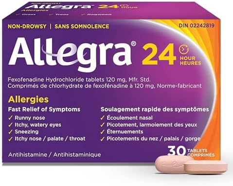 Allegra 24 Hour Allergy Medication, Non Drowsy, Fast and Effective Multi-Symptom Allergy Relief Medicine for Sneezing, Watery Eyes and Itchy Throat, Fexofenadine Hydrochloride 120 mg, 30 Tablets