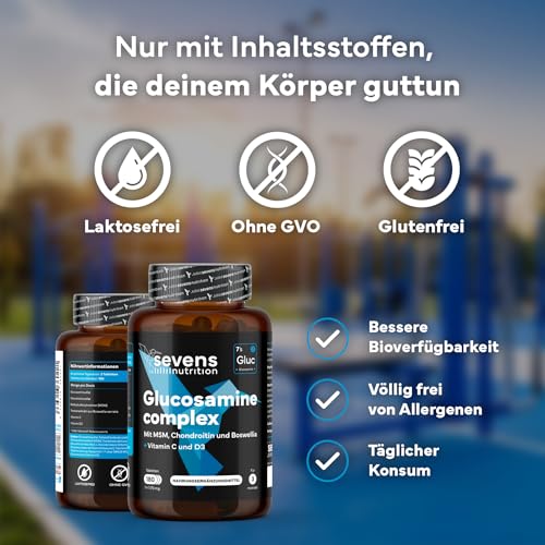 Glucosamin, Chondroitin und MSM – Nahrungsergänzung für Gelenke, Knorpel und Knochen – 180 Kapseln Hochdosiert – Mit Boswellia und den Vitaminen C und D3 – Sevens Nutrition