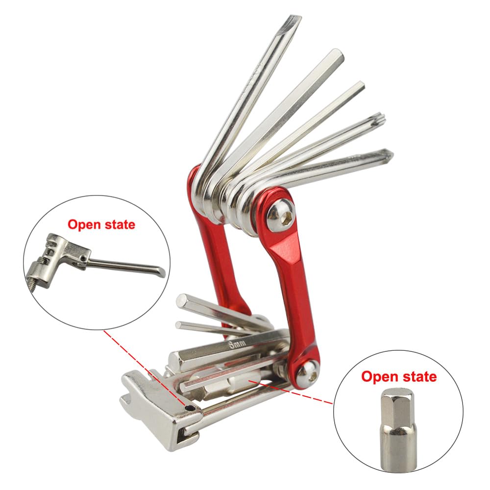 11 en 1 Multifunción Herramienta para Bicicleta, Kit Multiherramienta Portátil y Compacta para Reparación y Mantenimiento (Rojo)