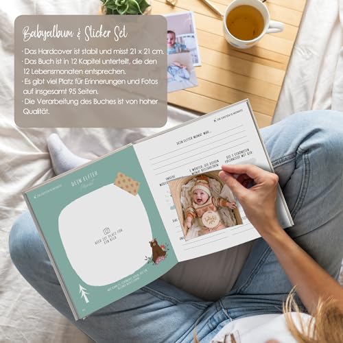 Mein erstes Jahr Babyalbum mit viel Platz für Fotos & stabilem Papier, Fotoalbum Baby Erinnerungsbuch, Babytagebuch zum Eintragen für das erste Lebensjahr 21x21cm, Baby Geschenk Geburt Junge & Mädchen