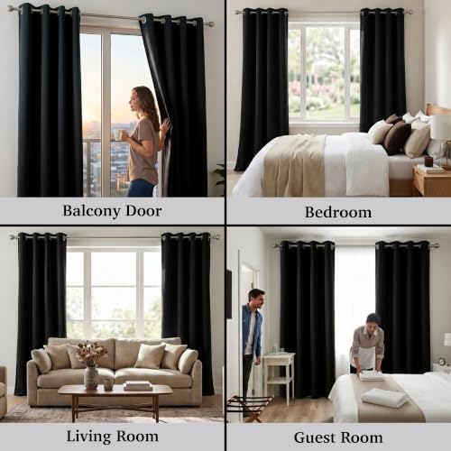 Image of 100% Blackout Window Curtains, 5 Feet, Solid Design, Faux Silk, Thermal Insulated, Noise Reducing Eyelet Door Curtain with Tie Back for Living Room & Bedroom, 115x150cm, Pack of 1 - Black