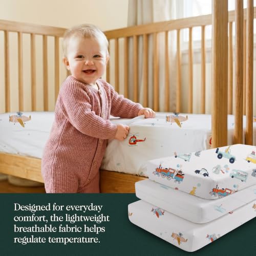 Image of 100% Organic Cotton Mini Crib Sheets (3-Pack) - GOTS Certified, Soft Fitted Sheets for Mini Mattress & Pack n Play, 5 in Deep Pocket with Secure Elastic Fit, Boys & Girls, (27 inch x 39 inch) Tiny Explorers