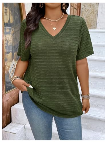 Women's Plus Size Drawstring Back Backless T Shirts V Neck Short Sleeve Textured Tees Casual Summer Tops2