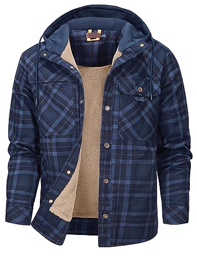 Flygo Men's Sherpa Lined Plaid Flannel Shirt Jacket Snap Button Warm Winter Jacket with Pockets