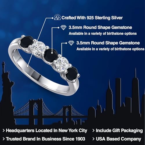 Gem Stone King 925 Sterling Silver Black Onyx and Lab Grown Diamond 5-Stone Alternate Wedding-Bands Ring For Women | 0.73 Cttw | Round 3.5MM | Gemstone Birthstone | Available in Size 5,6,7,8,92
