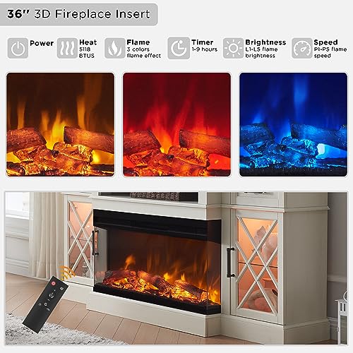 OKD 3-Sided Glass Farmhouse Electric Fireplace TV Stand for TVs up to 80'', Highboy Entertainment Center with Glass Door Storage Cabinet, 70'' Large TV Stands with 36'' Fireplace, Antique White