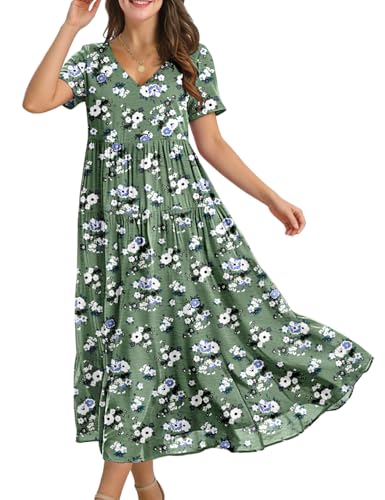 Image of YESNO Women's Summer Maxi Dresses Casual Floral Short Sleeve V Neck Boho Beach Vacation Swing Dress with Pockets EVF