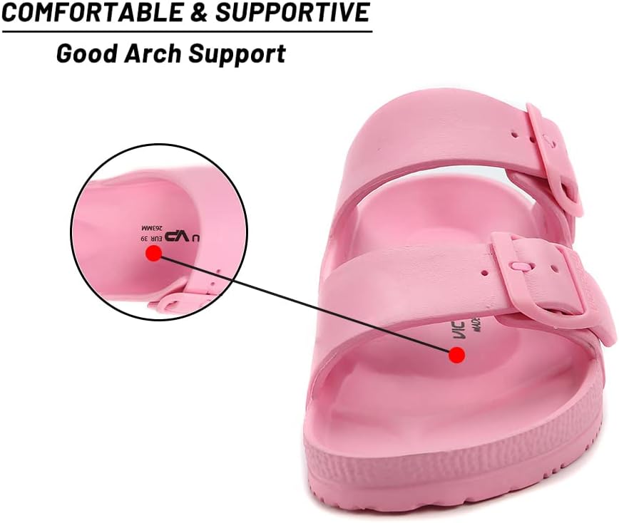 VICT POPU Womens Sandals Adjustable Double Buckle Strap Waterproof EVA Flat Slides